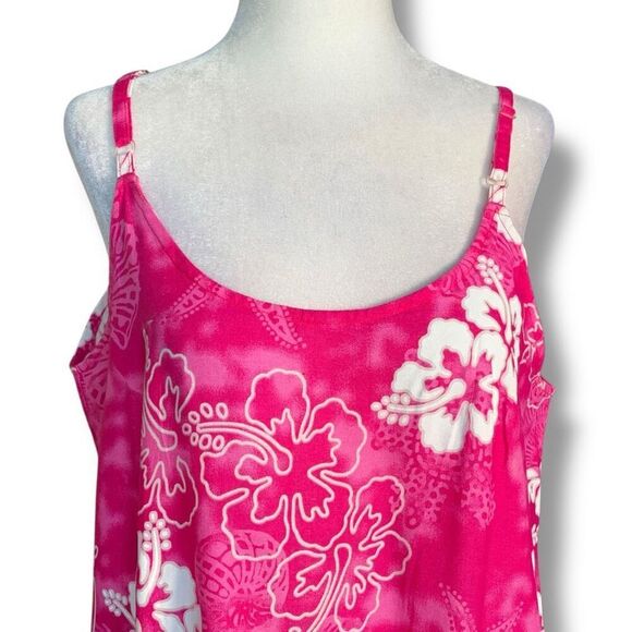 Vintage 90s Mini Dress Hot Pink Tropical Print Floral Slip Dress Fringe Hemmed - Picture 3 of 10